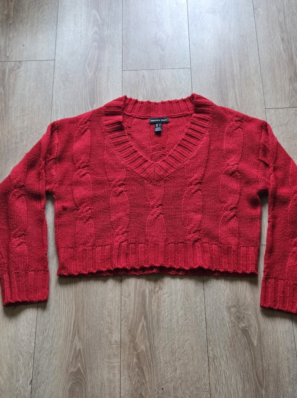 Streetwear Society Red Cable Knit Crop V-Neck Sweater